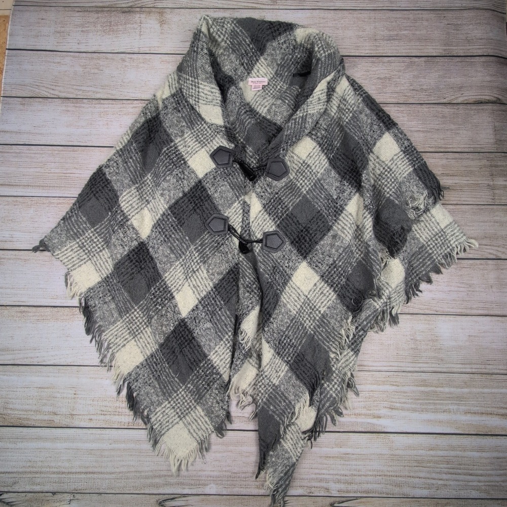 Juicy Couture Plaid Poncho Shawl Cape‎ Wrap Fringe Toggle Closure One Size